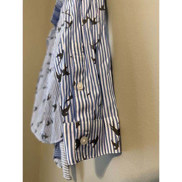 Express Blue Striped Bird Off Shoulder Shirt Blouse Top Size Small Peasant Crop - Picture 8 of 13
